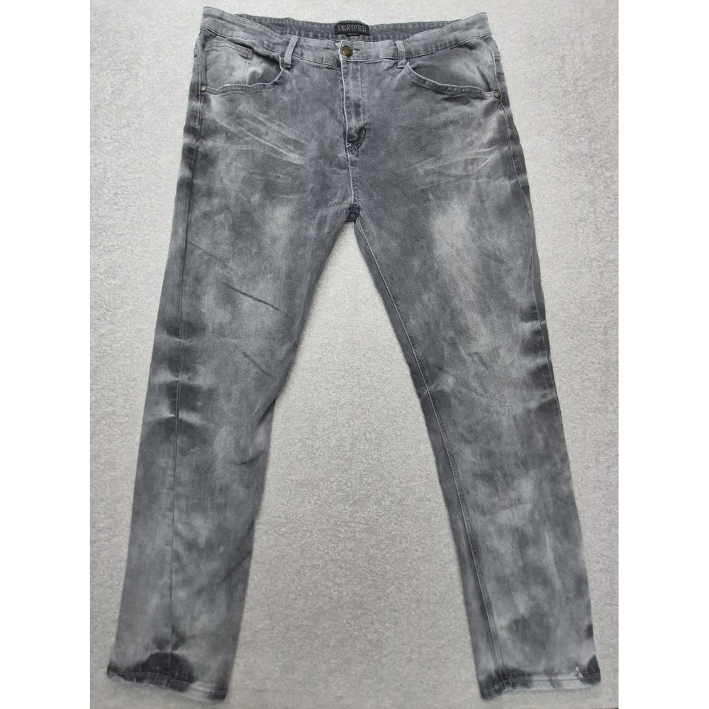 Encrypted Legend Jeans Mens 42x34 Skinny Fit Gray Black Acid Wash Distressed